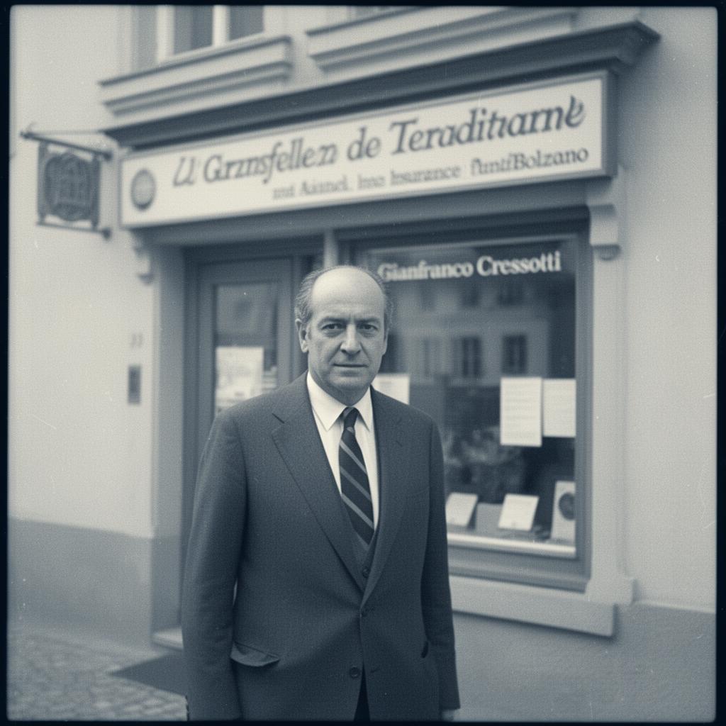 Gianfranco Cressotti davanti alla prima agenzia a Bolzano, primi anni '70